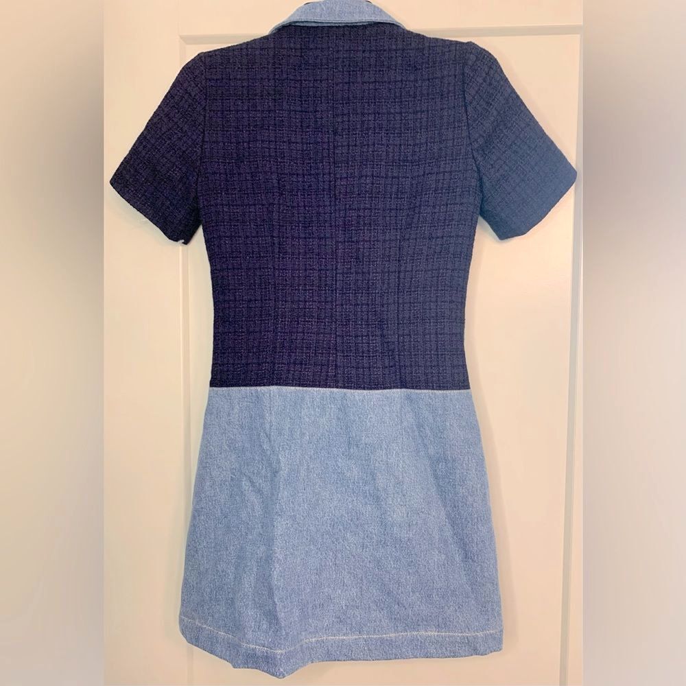 Sandro Brooke Mixed Media Shirt Dress Size US 2 / FR 34 Blue Tweed and Denim - Picture 6 of 16